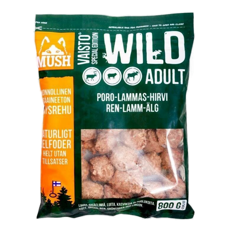 MUSH WILD VAISTO pilnvērtīga svaigbarība suņiem ar alni, briedi, jēru 800g