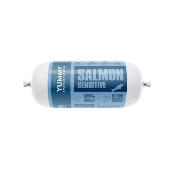 YUMMY SALMON SAUSAGE – LARGE PACK (8kg) Weight per Sausage: 400g Total Pack Weight: 8kg (20 sausages x 400g)