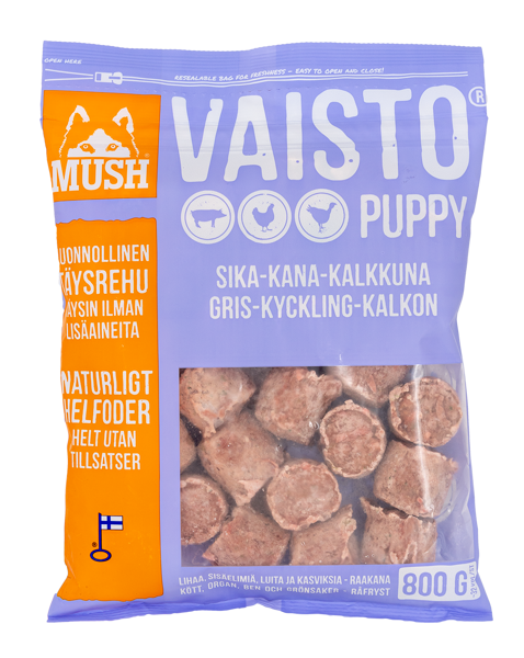 Mush VAISTO PUPPY  kucēniem cūkgaļa ar tītaru un vistu. 800g