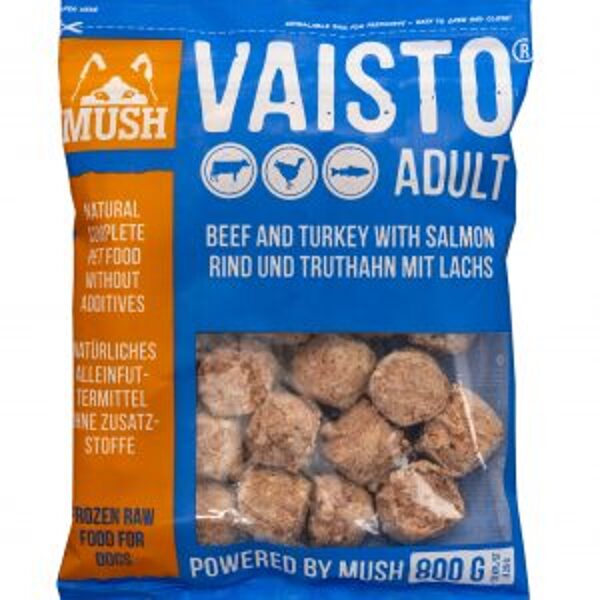 Mush VAISTO ADULT for dogs beef with salmon and turkey. 800 g