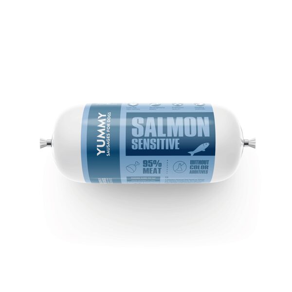YUMMY SALMON SAUSAGE – LARGE PACK (8kg) Weight per Sausage: 400g Total Pack Weight: 8kg (20 sausages x 400g)