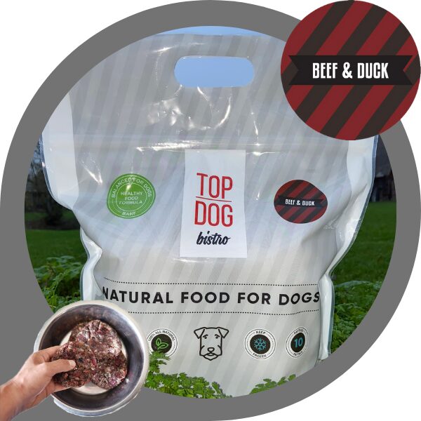 Liellopa Top Dog bistro -BEEF&DUCK ar pīli 1,6 kg porcionēta, sabalansēta svaigbarība